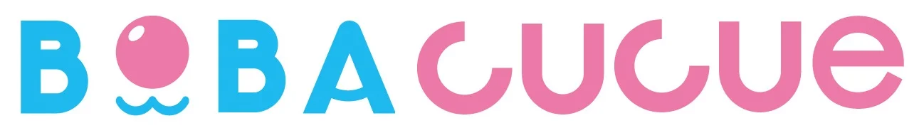 Boba Cucue bubble tea shop logo with pink boba graphic and blue/pink lettering.