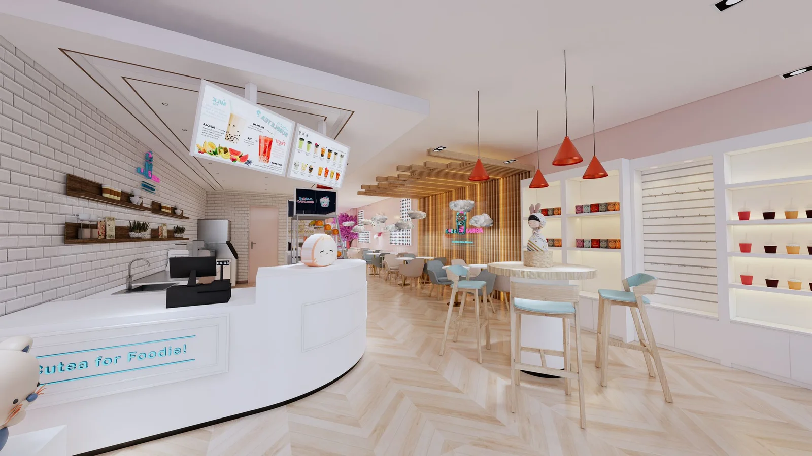 Bright bubble tea shop interior with "Cutea for Foodie!" counter, menu boards, and seating.