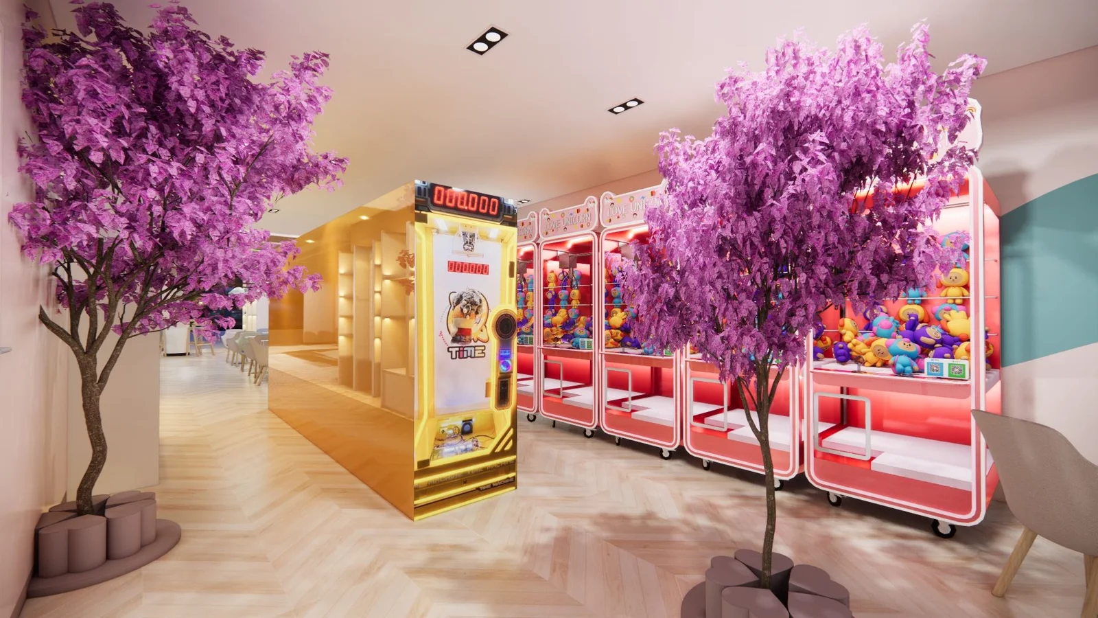 Bubble tea shop game zone with claw machines, arcade game, and purple decorative trees.