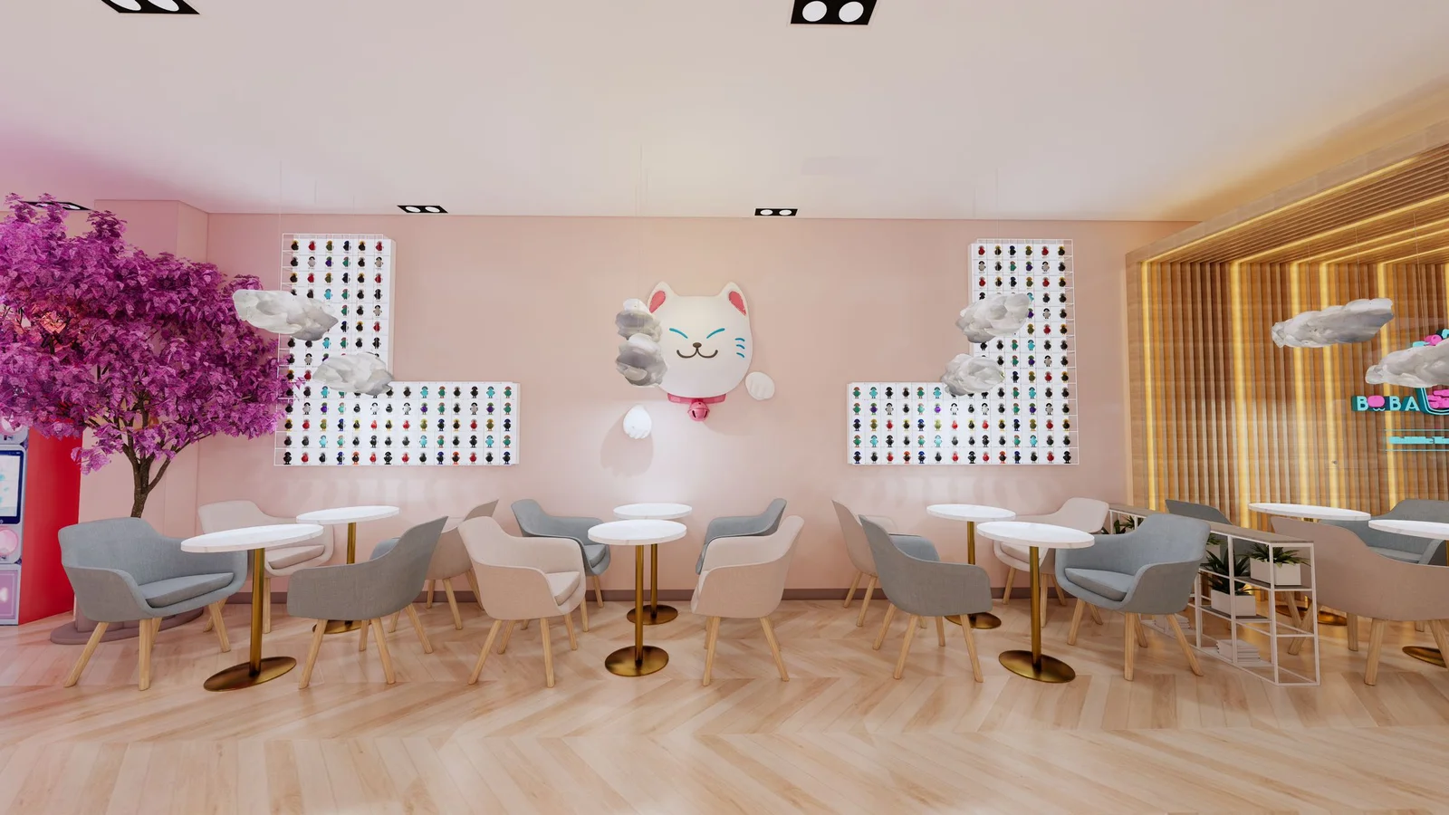 Pastel bubble tea shop seating area with lucky cat wall art, cherry blossom tree, and tables.